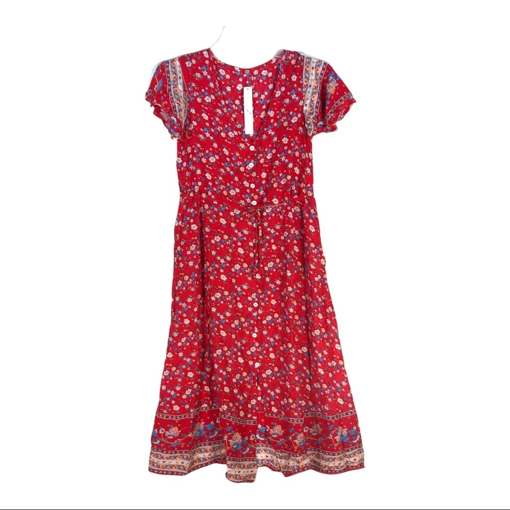 Gaovot Dress Womens Small Red Blue Floral Button Front Accent Maxi Casual Dress